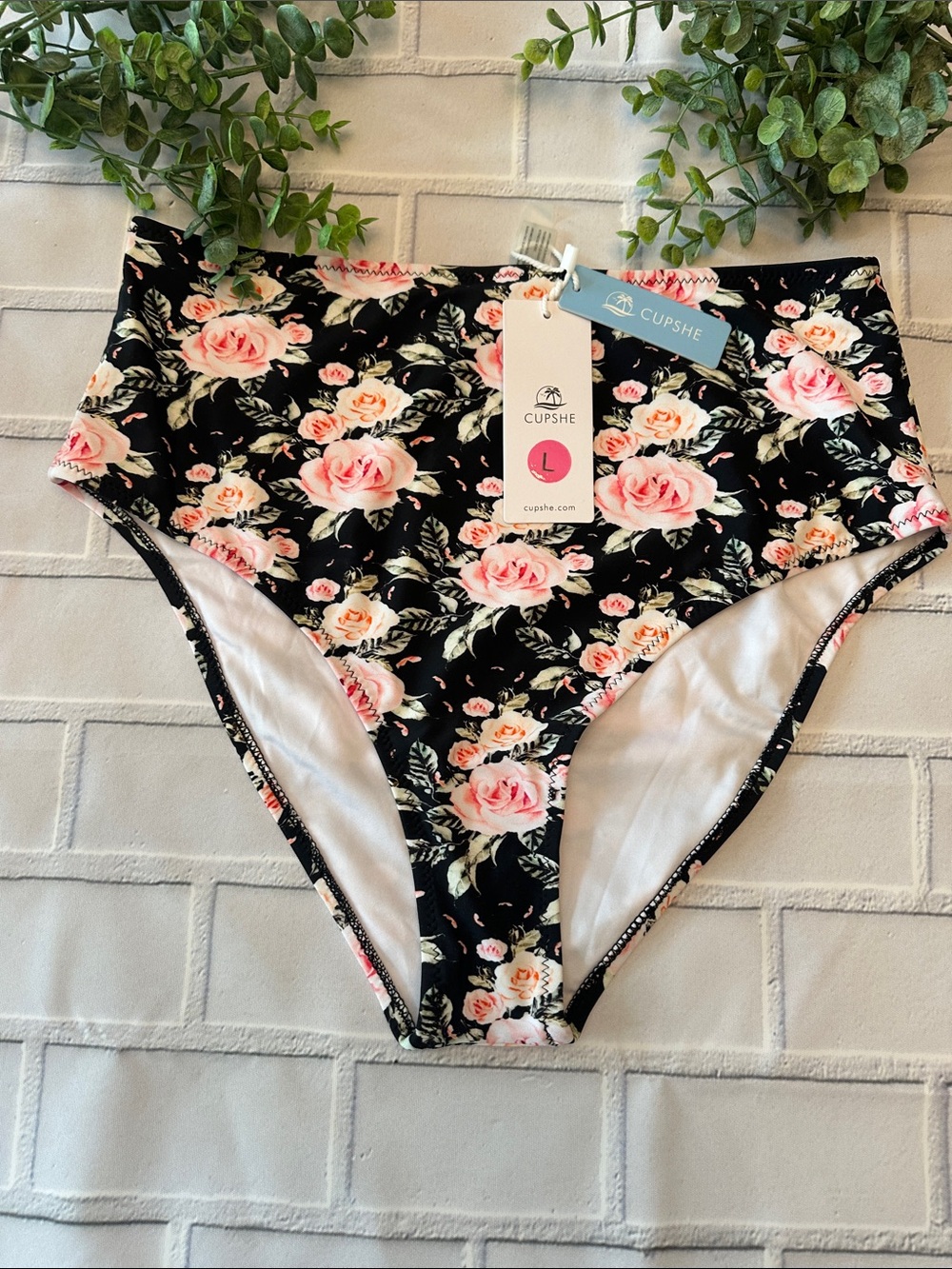 NWT Cupshe Black Floral High-Waist Bikini Bottoms with Pink Roses Sz Large